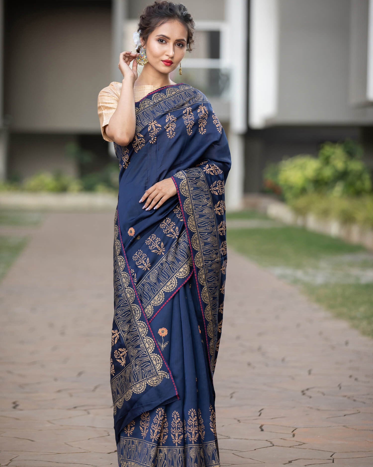 Sapphire Star Bust Silk Modal handblock print Saree Prasamcrafts Handcrafted Festivewear