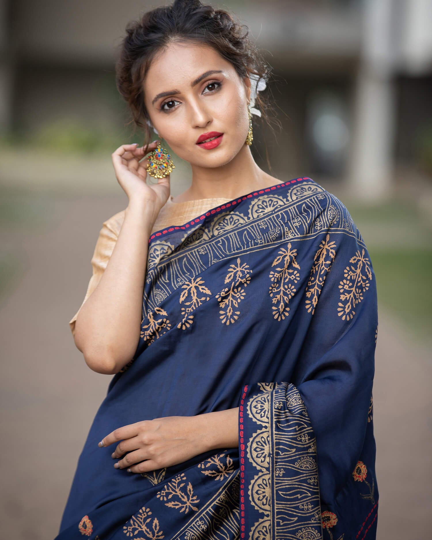 Sapphire Star Bust Silk Modal handblock print Saree Prasamcrafts Handcrafted Festivewear