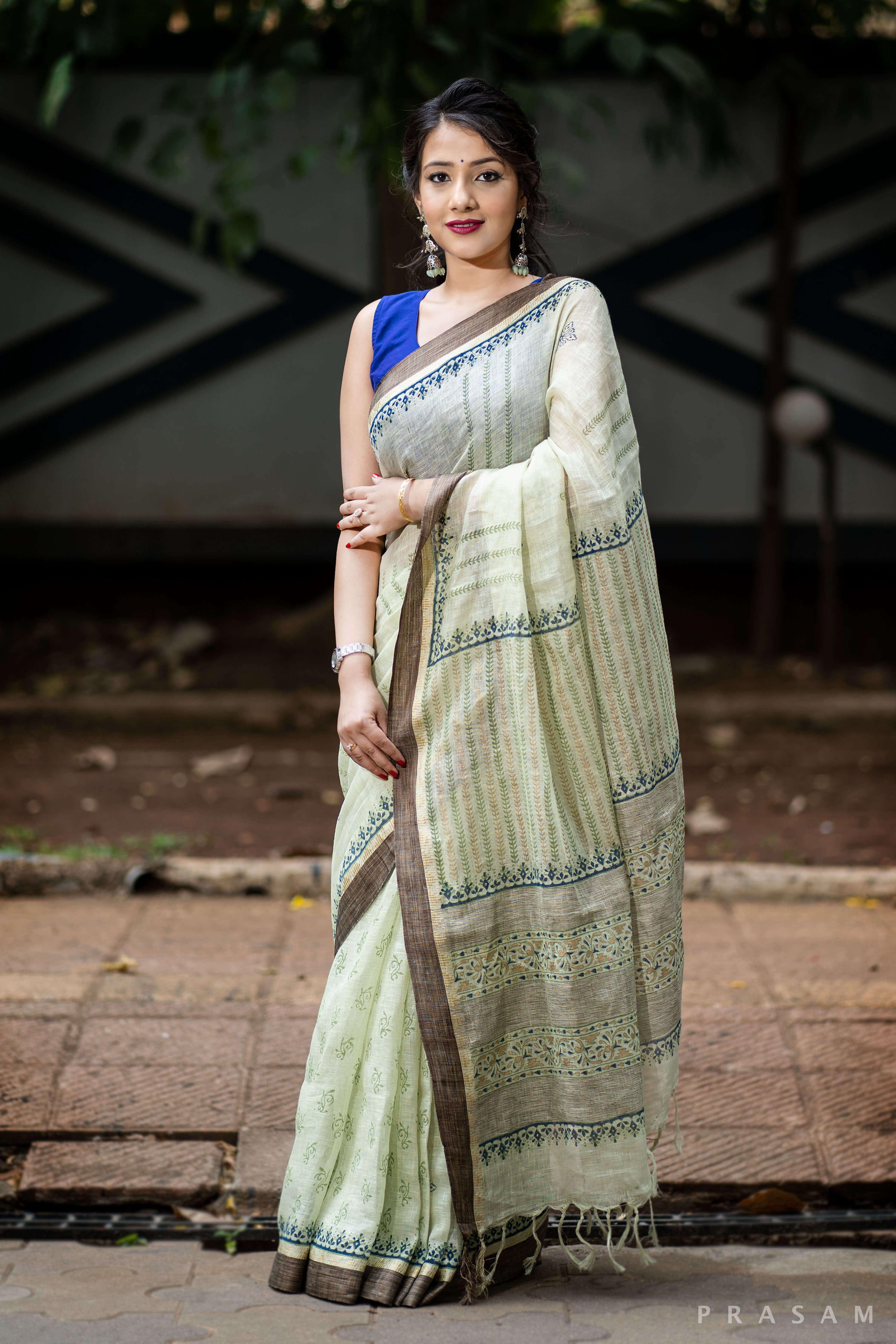 Muted Glory Linen Handblock print Saree Prasamcrafts Handcrafted Festive Workwear Dailywear