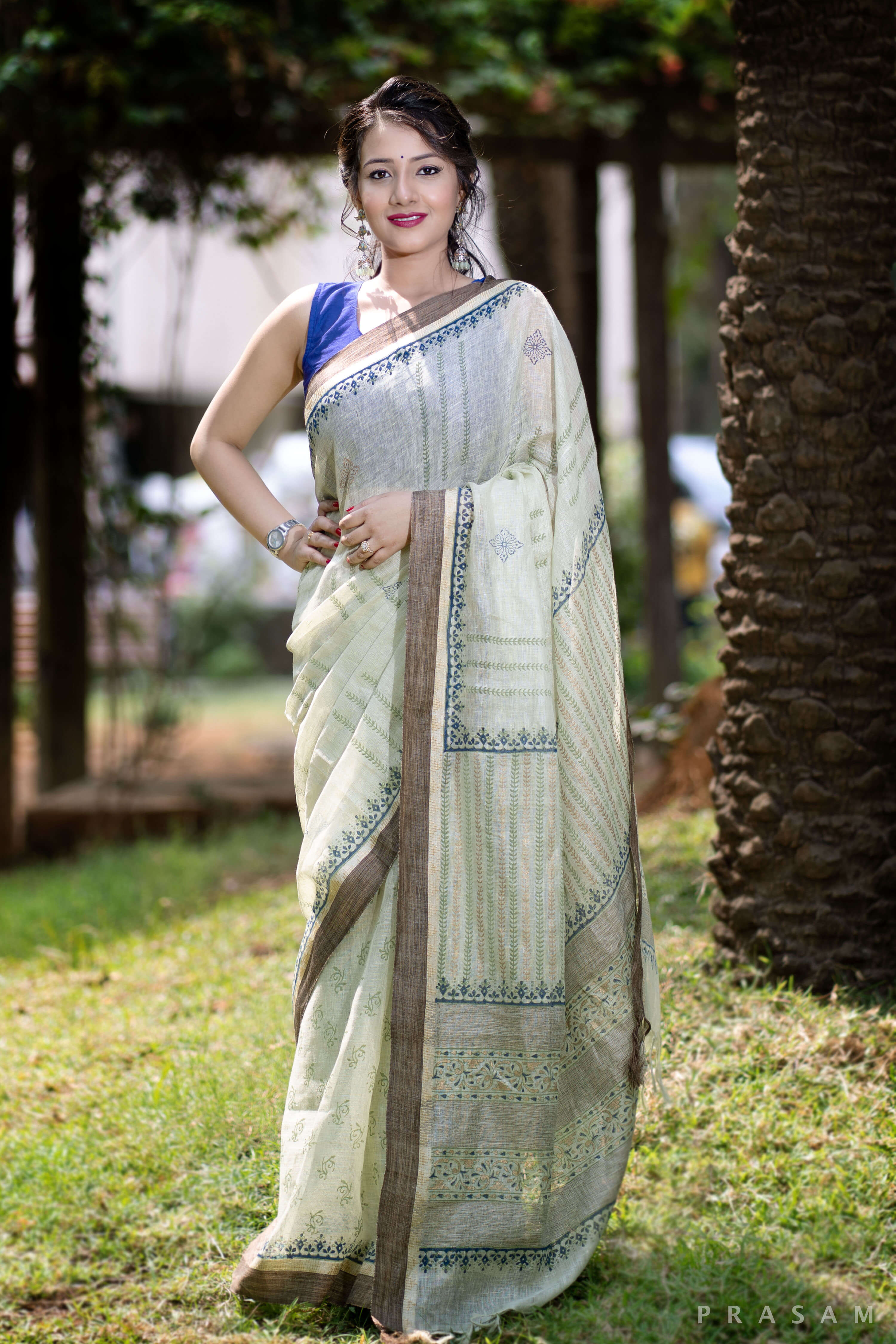 Muted Glory Linen Handblock print Saree Prasamcrafts Handcrafted Festive Workwear Dailywear
