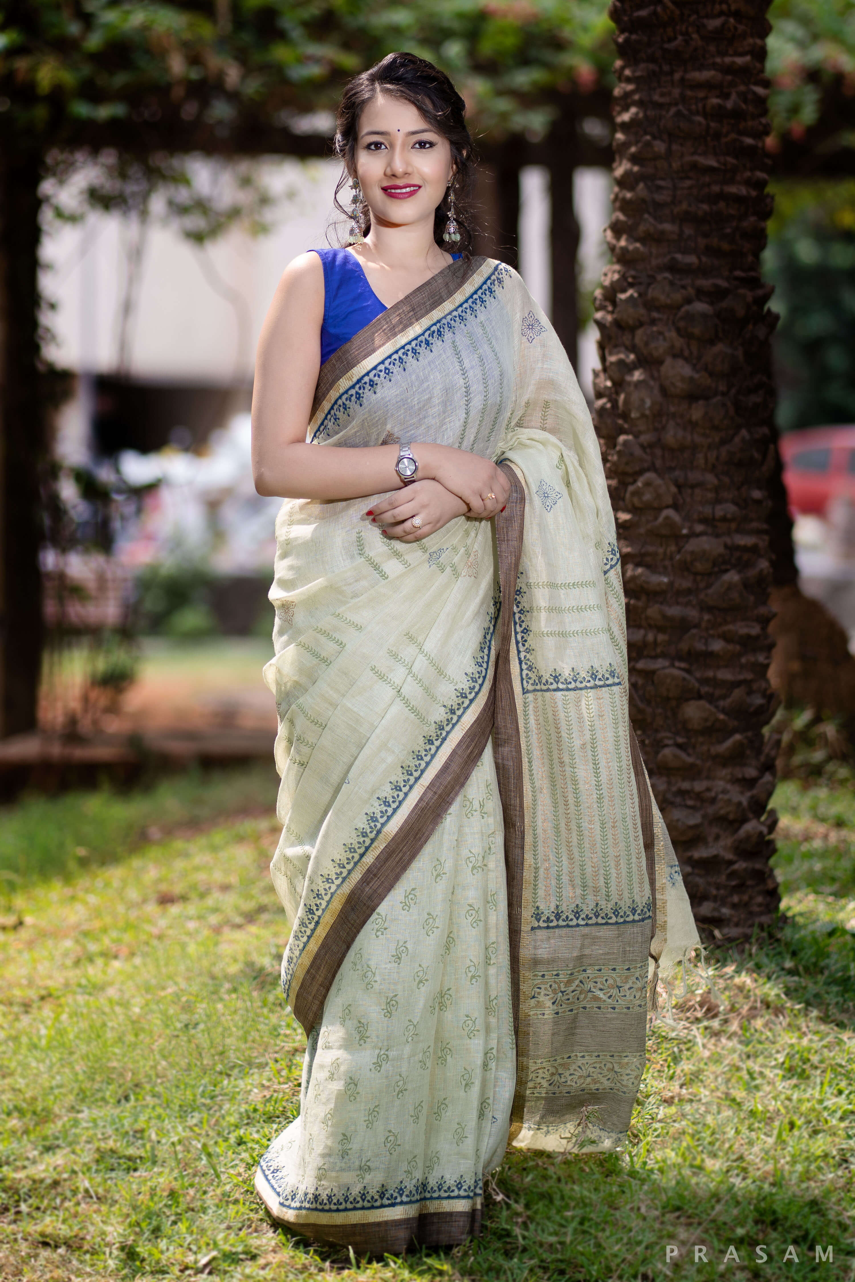 Muted Glory Linen Handblock print Saree Prasamcrafts Handcrafted Festive Workwear Dailywear