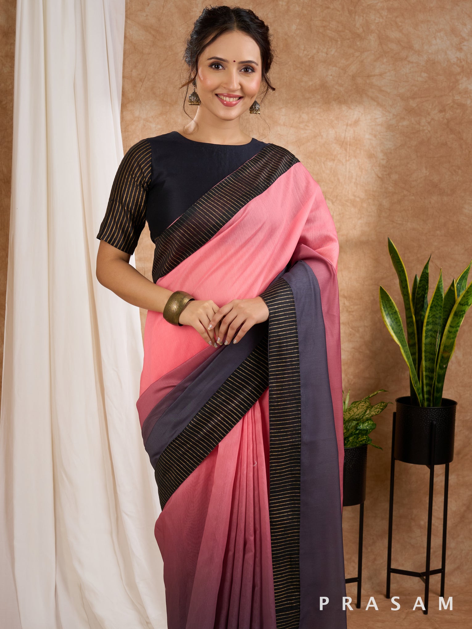 Milan - Peach & Purple Ombre Chanderi Saree with Block Printed Border