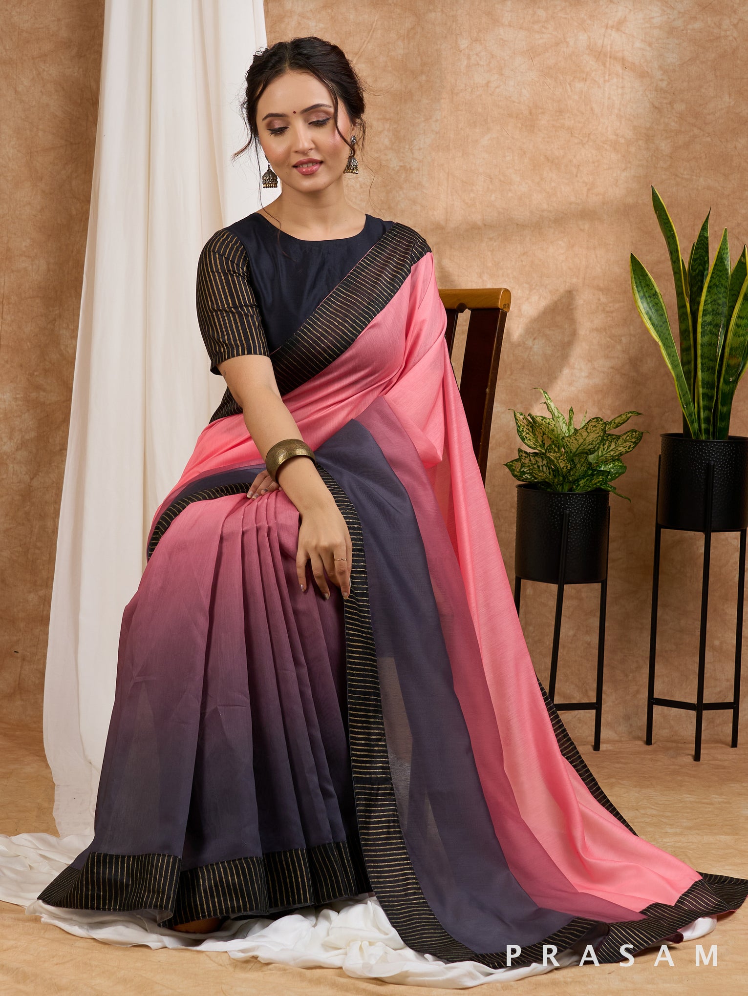 Milan - Peach & Purple Ombre Chanderi Saree with Block Printed Border