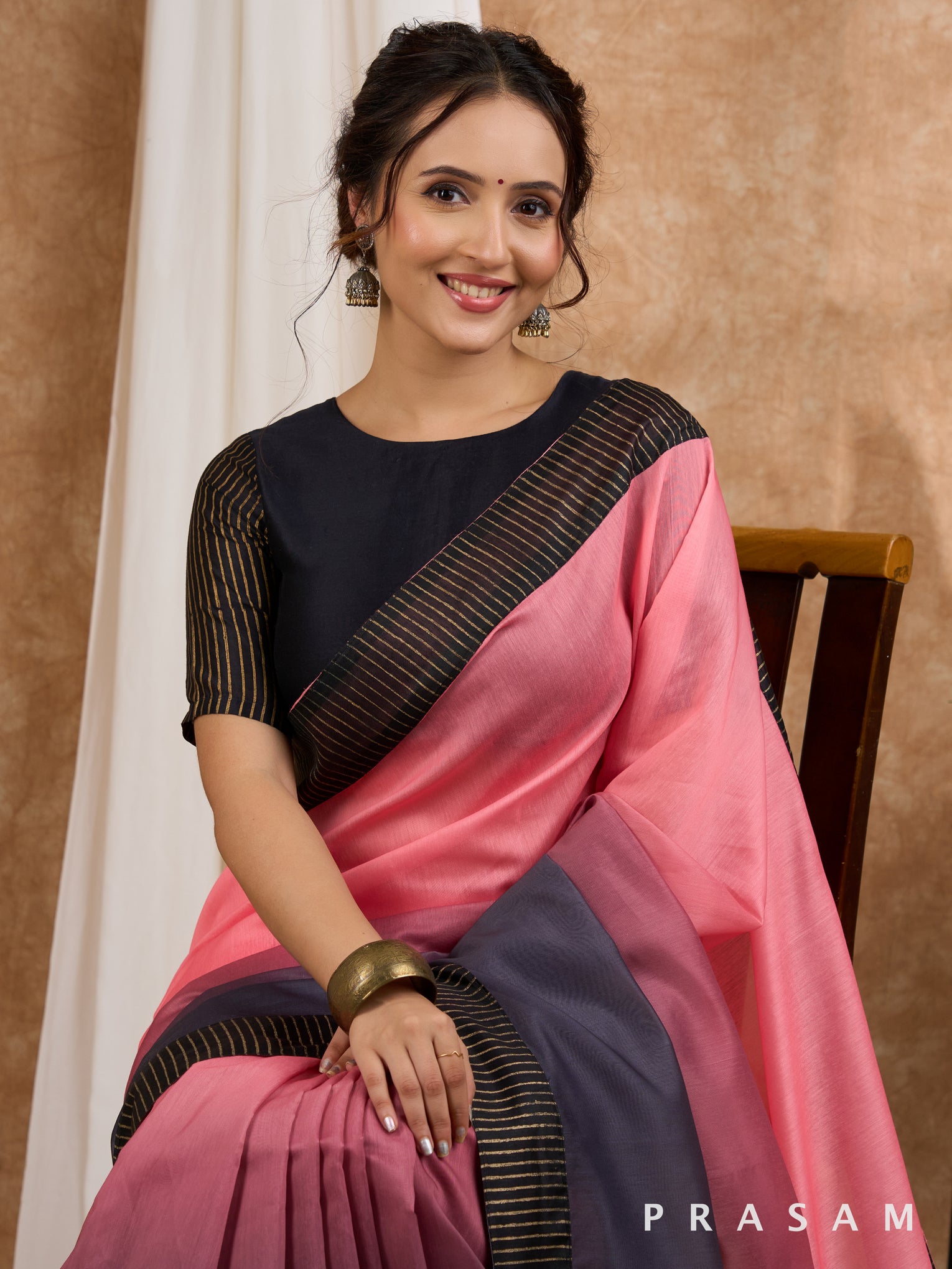 Milan - Peach & Purple Ombre Chanderi Saree with Block Printed Border