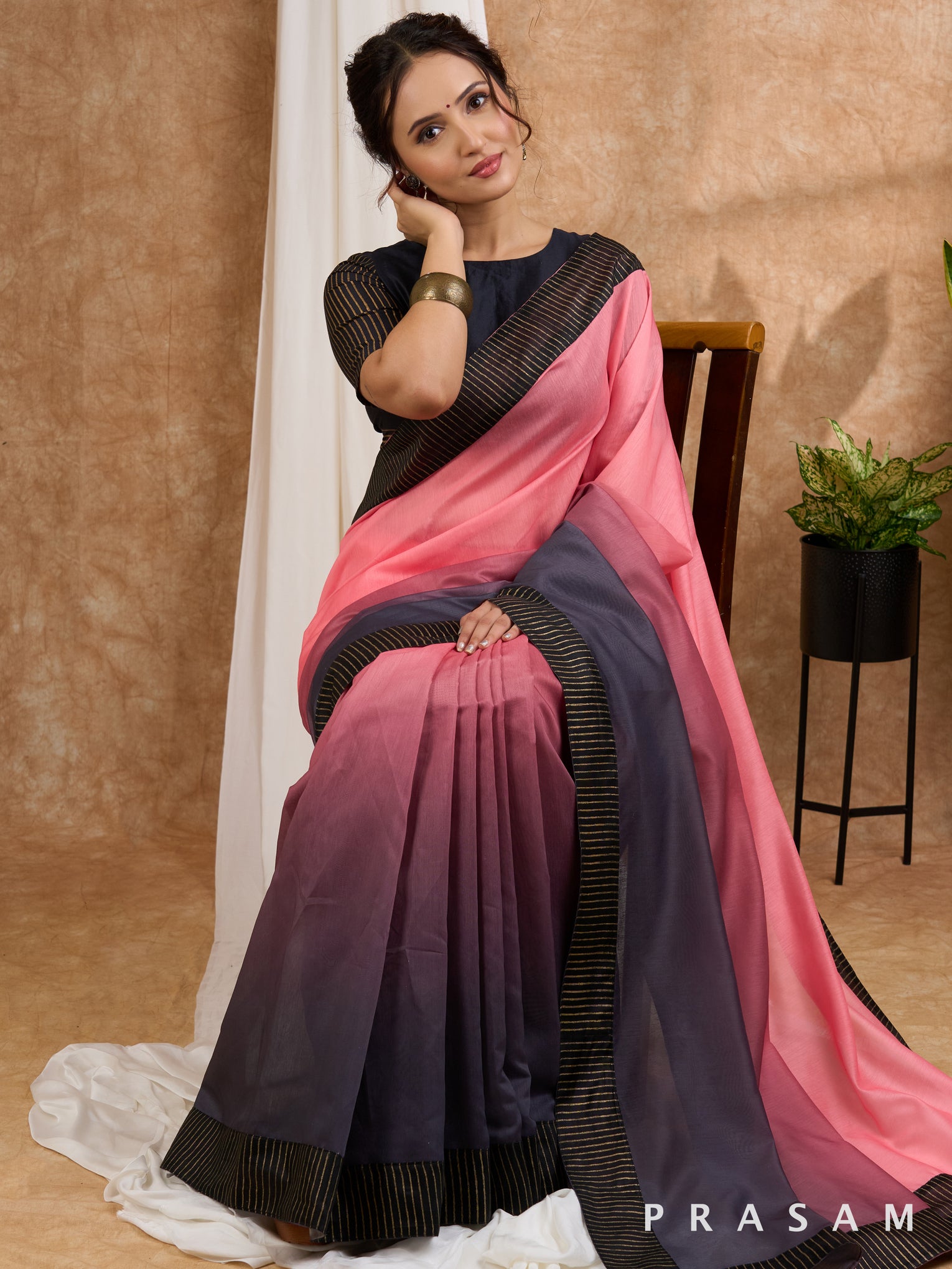 Milan - Peach & Purple Ombre Chanderi Saree with Block Printed Border