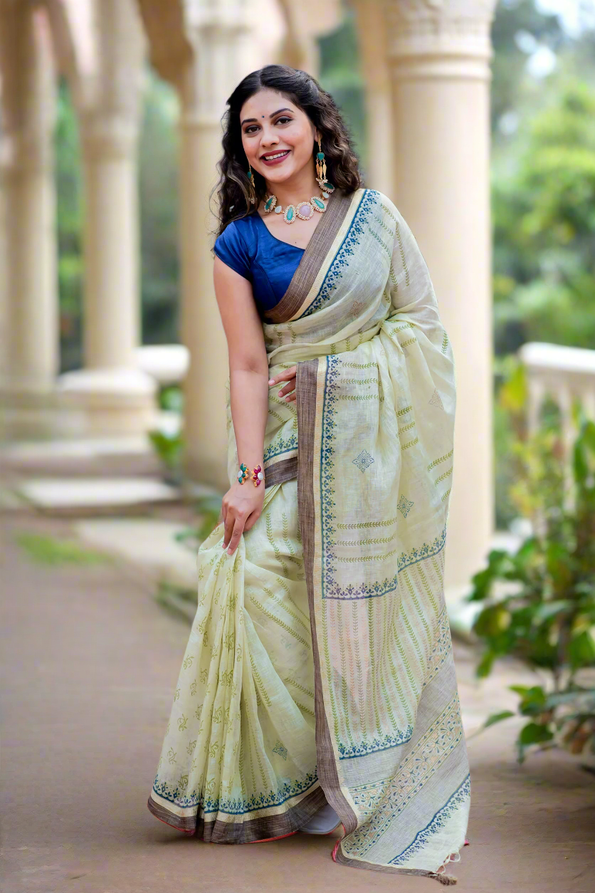 Muted Glory-Linen Block Print Saree