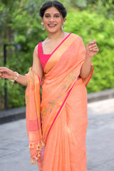 Resilient Orange - Linen Jamdani Weave Saree