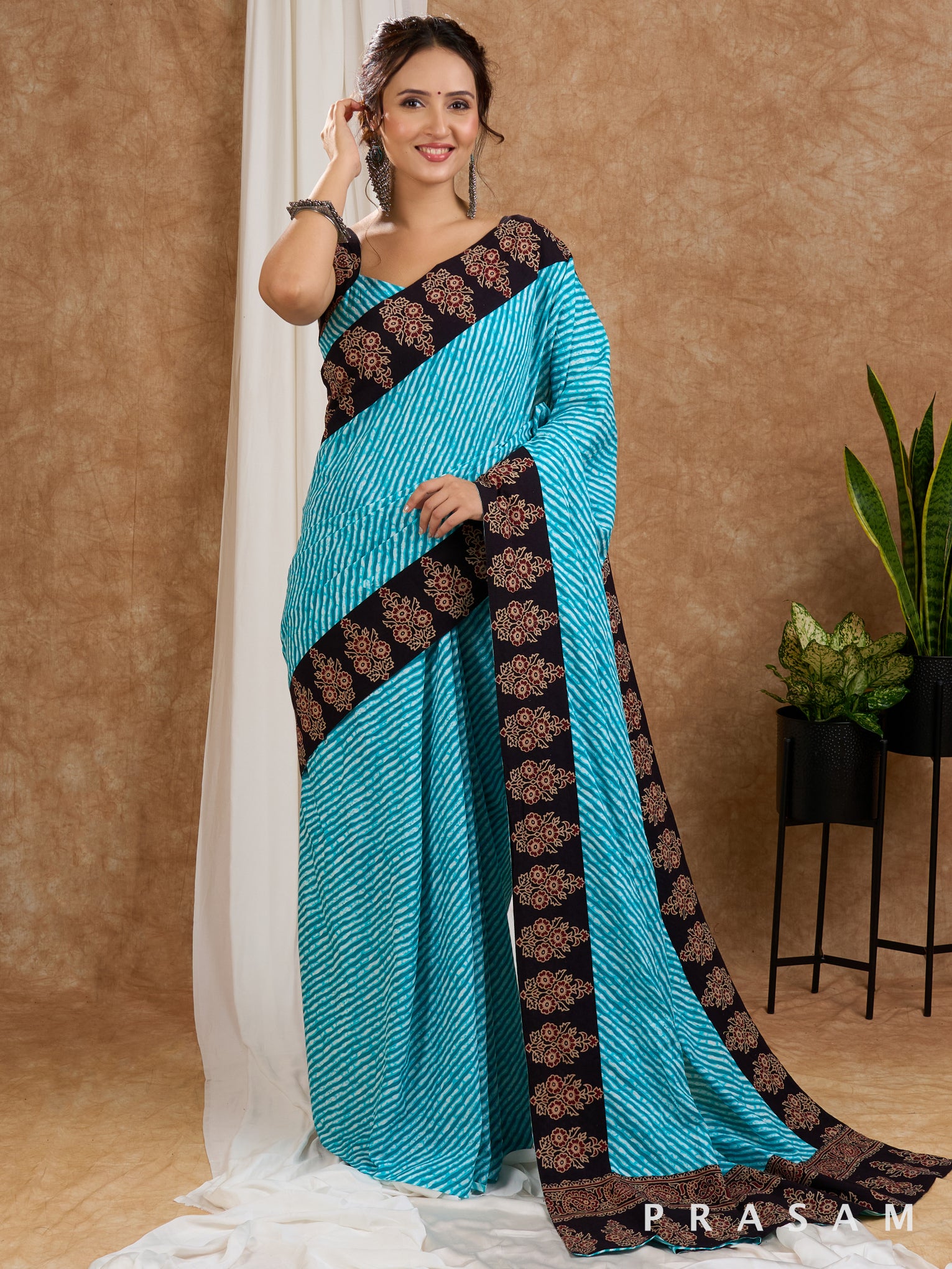 Heavenly Bliss -  Leheriya Cotton Saree with Ajrakh Border