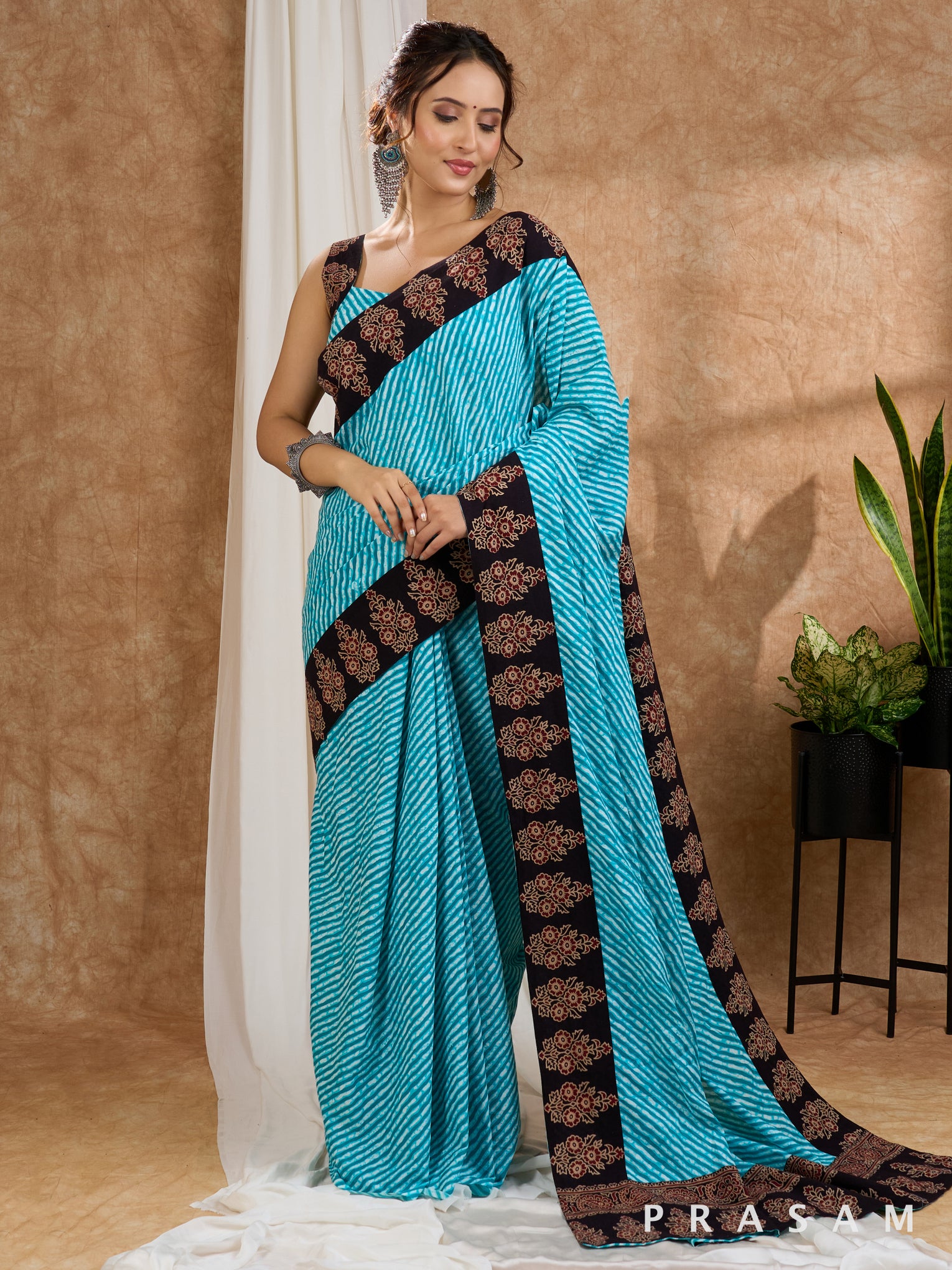 Heavenly Bliss -  Leheriya Cotton Saree with Ajrakh Border