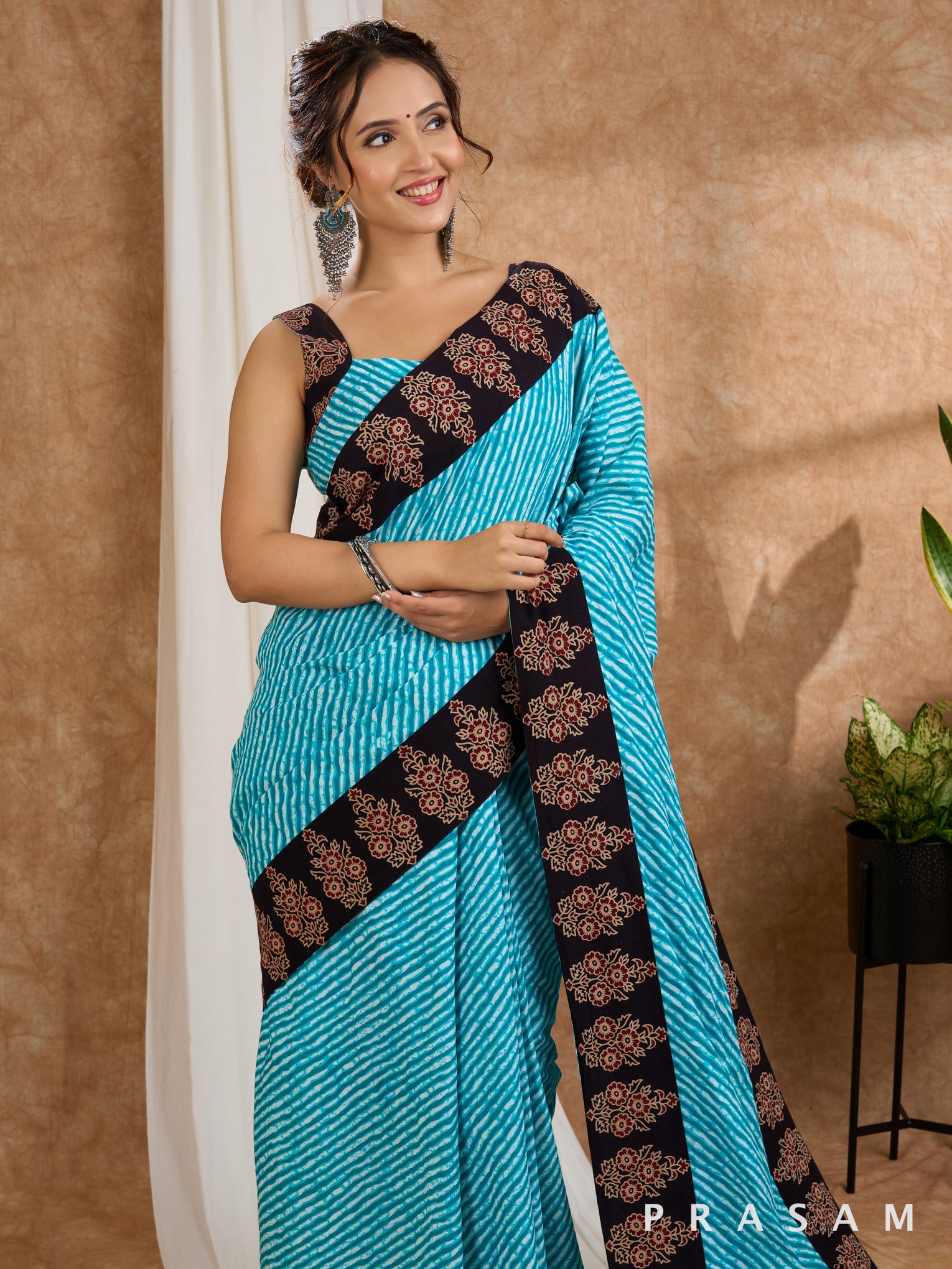 Heavenly Bliss -  Leheriya Cotton Saree with Ajrakh Border