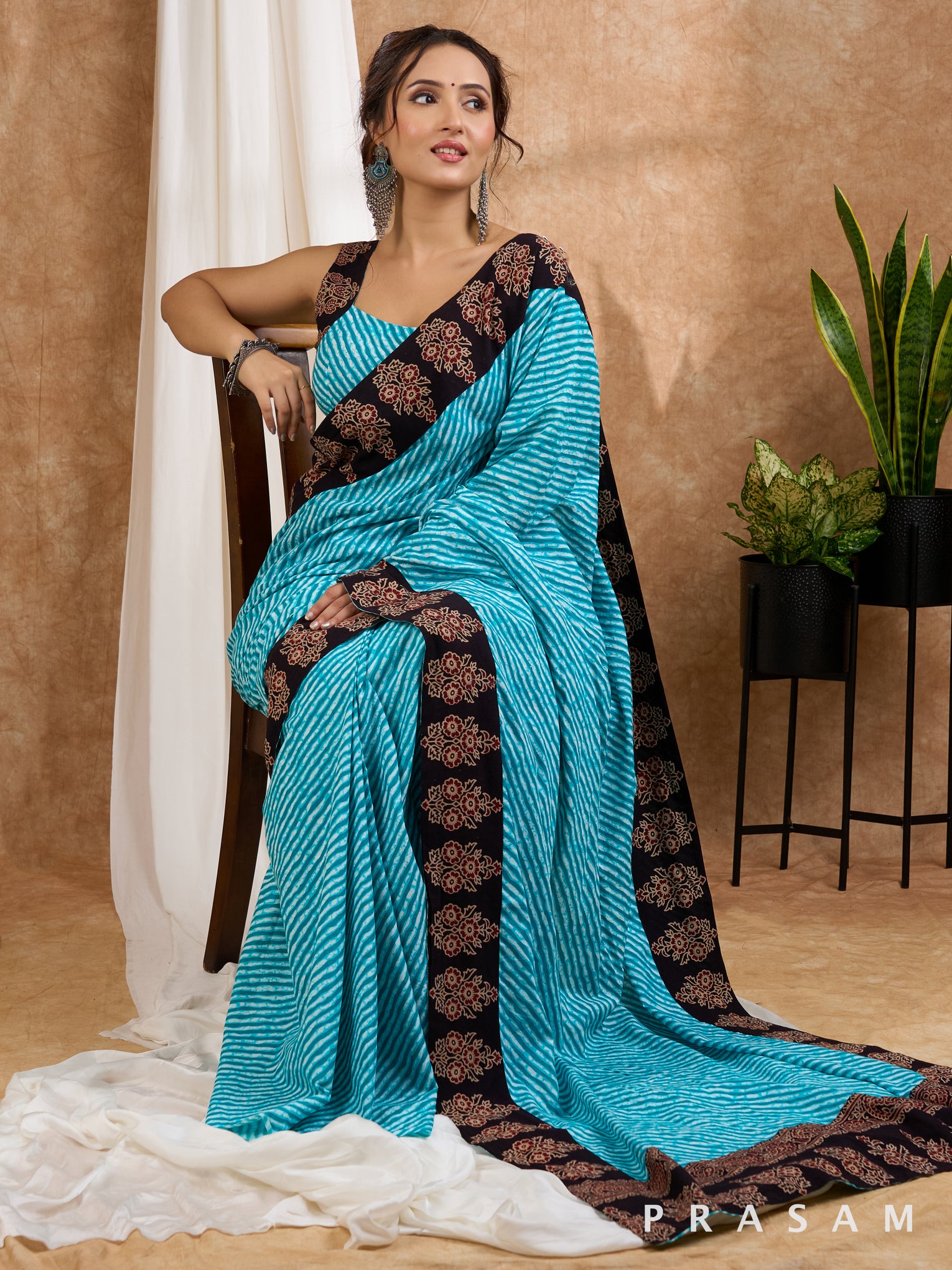 Heavenly Bliss -  Leheriya Cotton Saree with Ajrakh Border