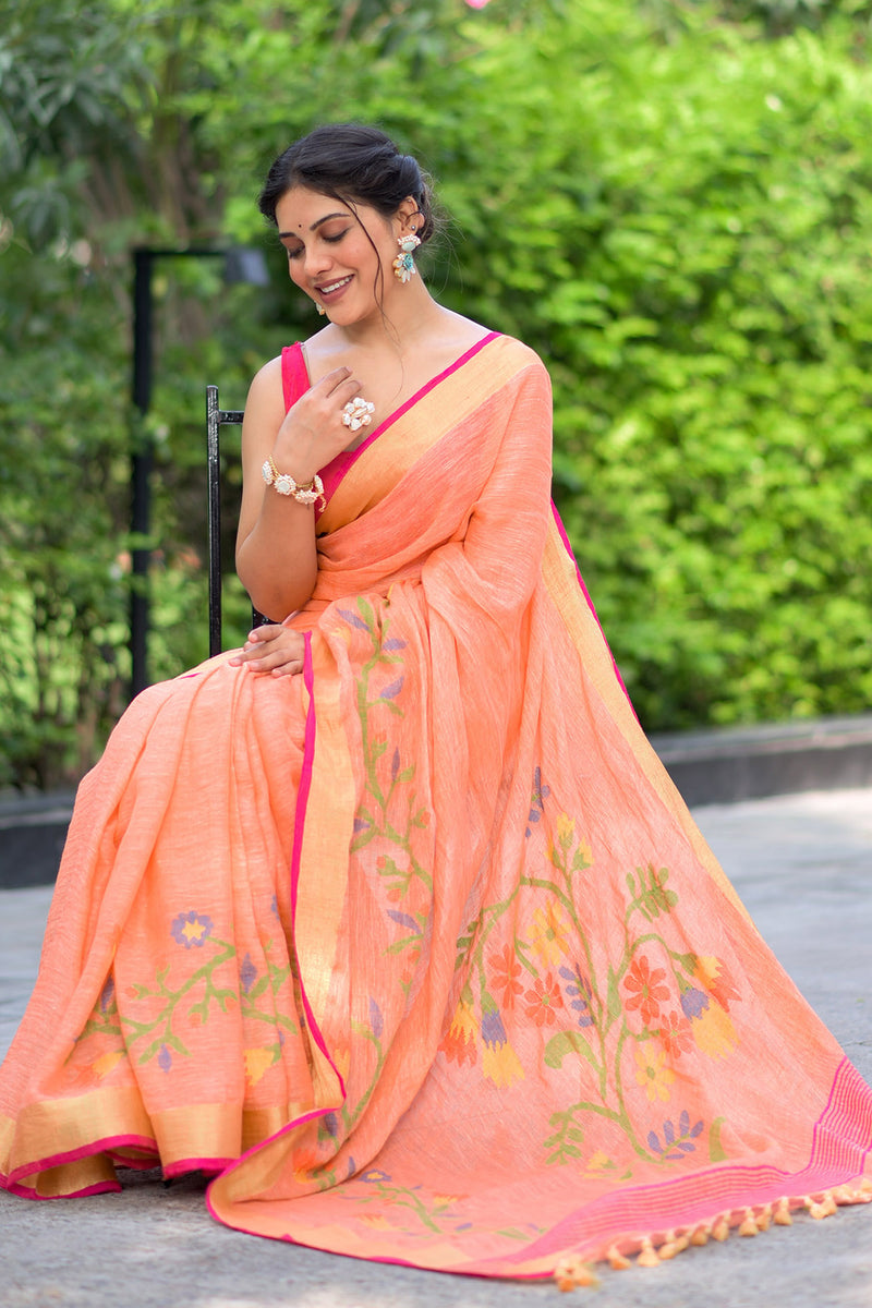 Resilient Orange - Linen Jamdani Weave Saree