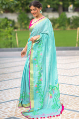 Mint Charm-Linen Jamdani Weave Saree