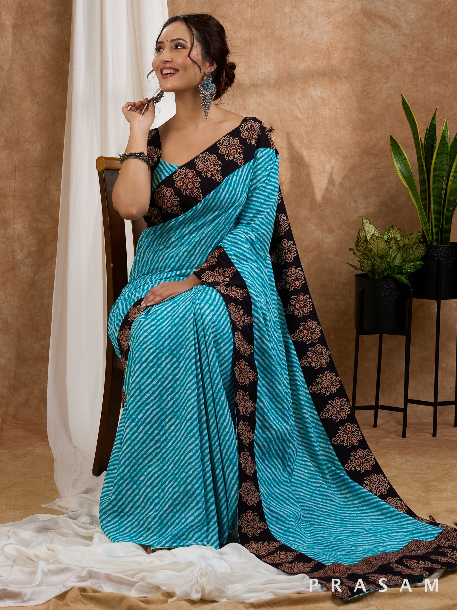 Heavenly Bliss -  Leheriya Cotton Saree with Ajrakh Border