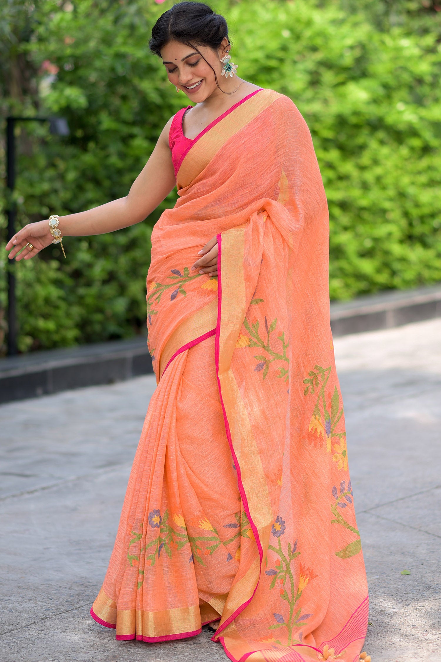 Resilient Orange - Linen Jamdani Weave Saree