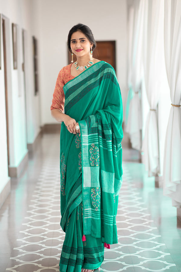 Teal Spirit, cotton saree, hand block print saree, stylish saree, comfortable attire, Indian ethnic wear, intricate hand block prints, trendy fashion. Prasam Crafts