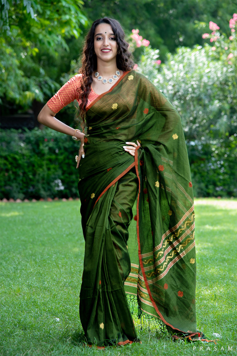 Green Groove-Cotton Jamdani Weave Saree Prasam crafts