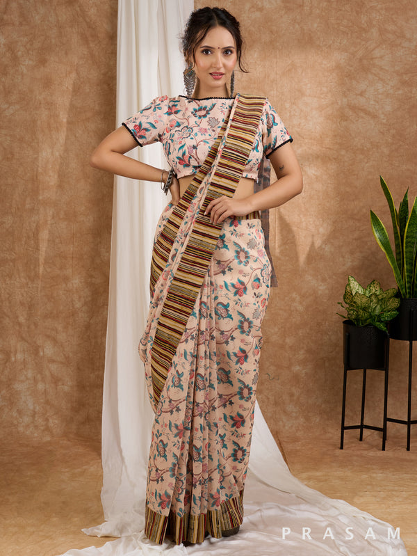 Safari Sunset- Beige Chanderi Printed Saree with Ajrakh Strip Border