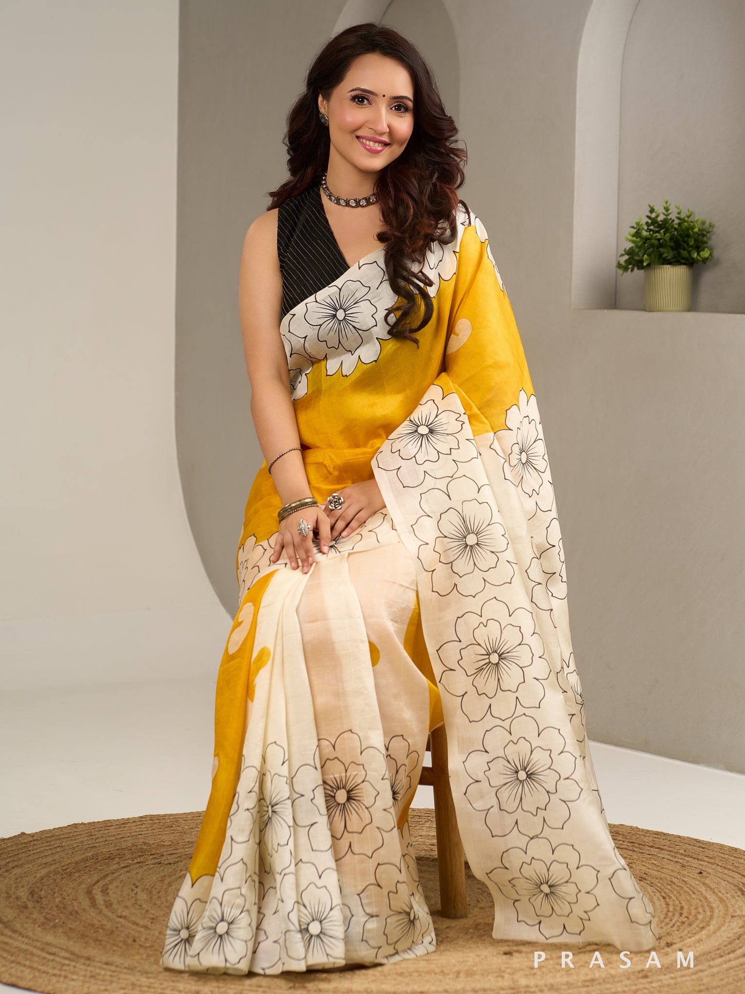 Blooming Sunshine Pure Silk Hand Painted Saree.