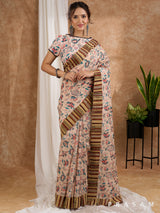 Safari Sunset- Beige Chanderi Printed Saree with Ajrakh Strip Border