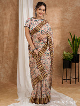 Safari Sunset- Beige Chanderi Printed Saree with Ajrakh Strip Border