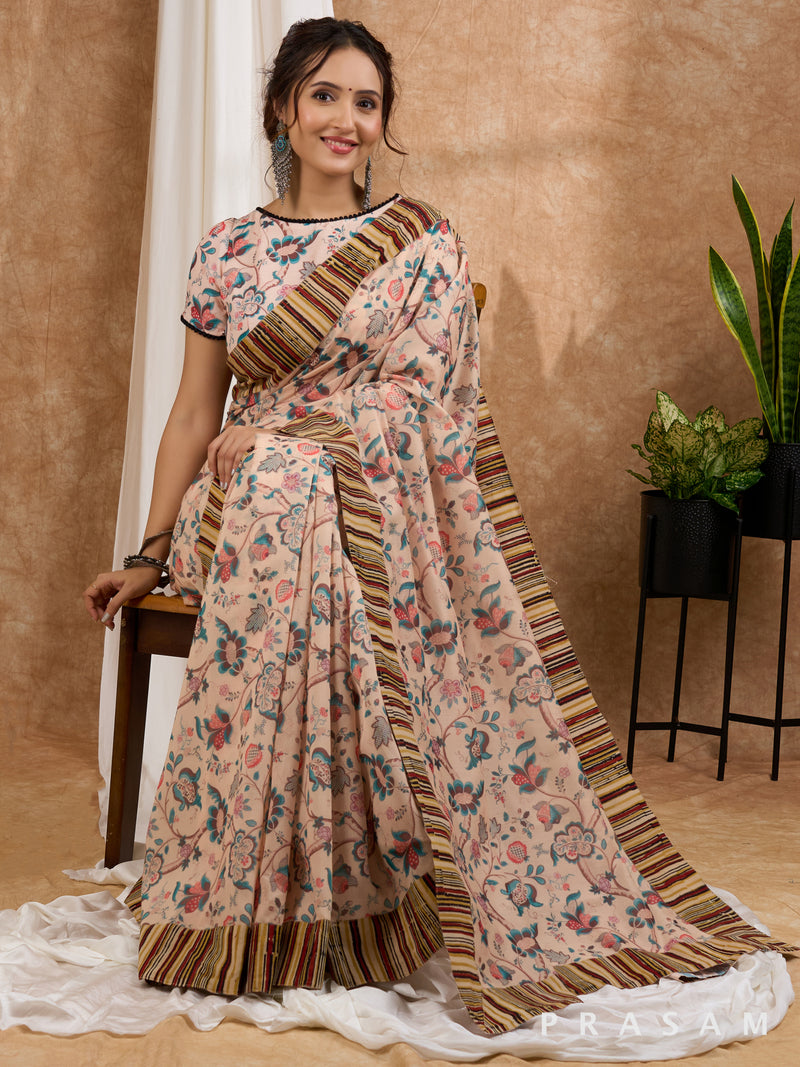 Safari Sunset- Beige Chanderi Printed Saree with Ajrakh Strip Border