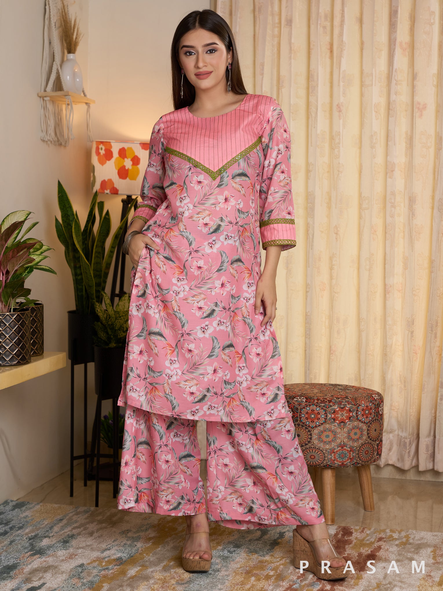 Pinksicle Delight Printed Muslin Co-ord Set with Green Lace and Stitch Lines on Neck and Sleeves