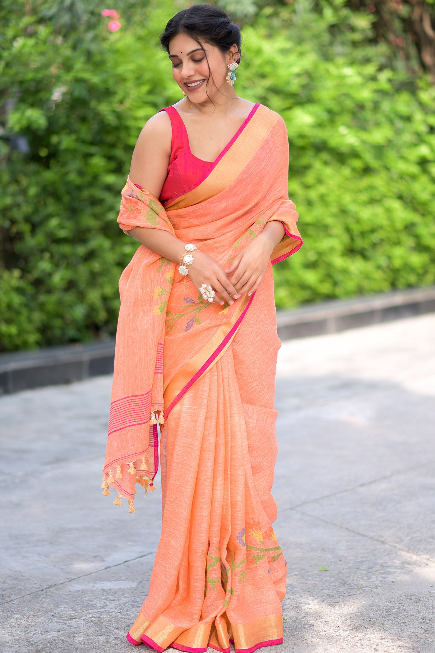 Resilient Orange - Linen Jamdani Weave Saree