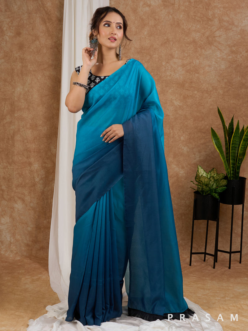 Sangam - Teal & Navy Ombre Chanderi Saree with Tassels on Pallu