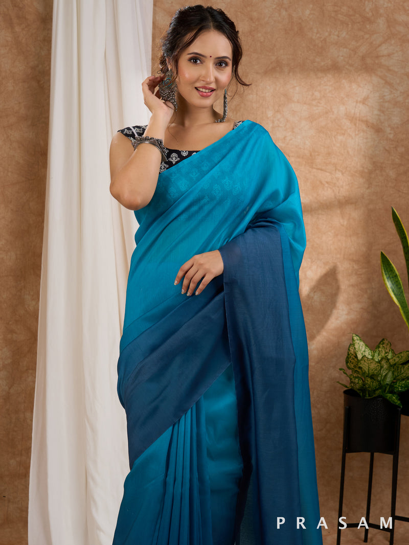 Sangam - Teal & Navy Ombre Chanderi Saree with Tassels on Pallu