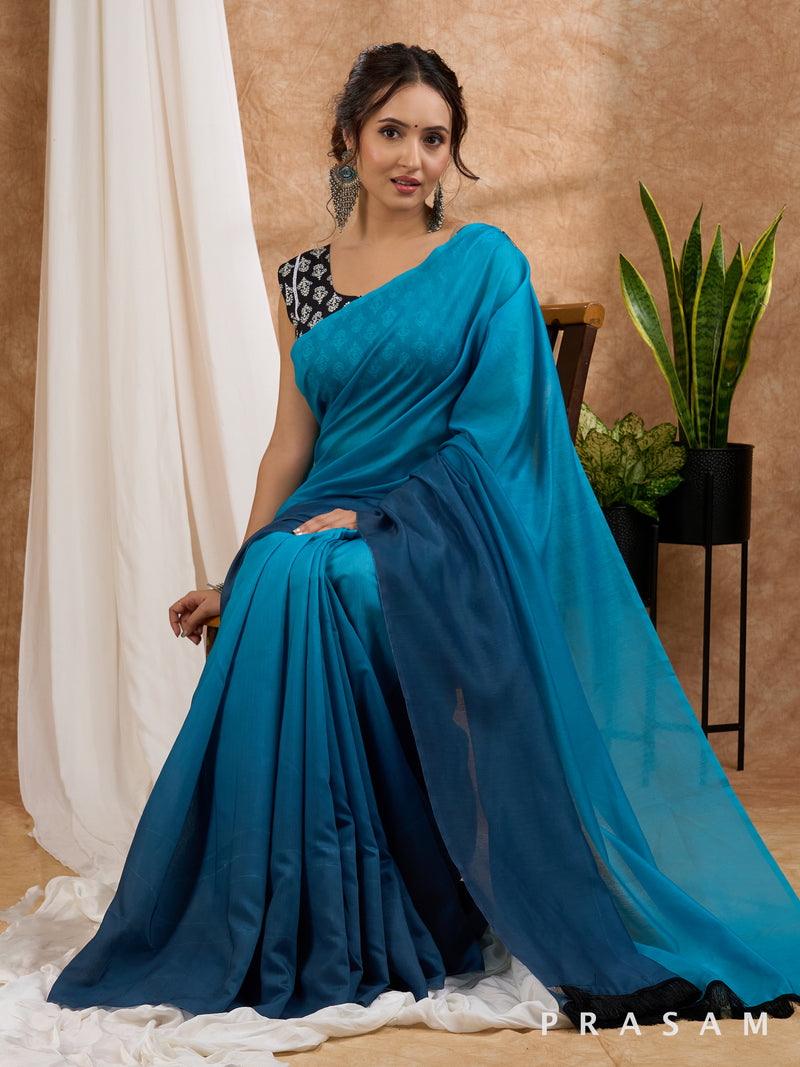 Sangam - Teal & Navy Ombre Chanderi Saree with Tassels on Pallu