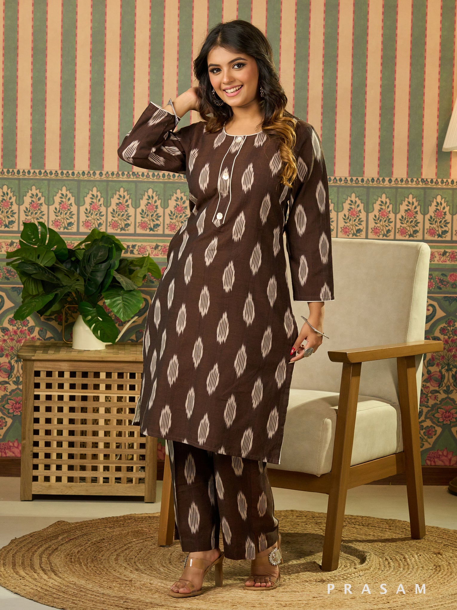 Mocha Classic Brown Ikat Kurta Set