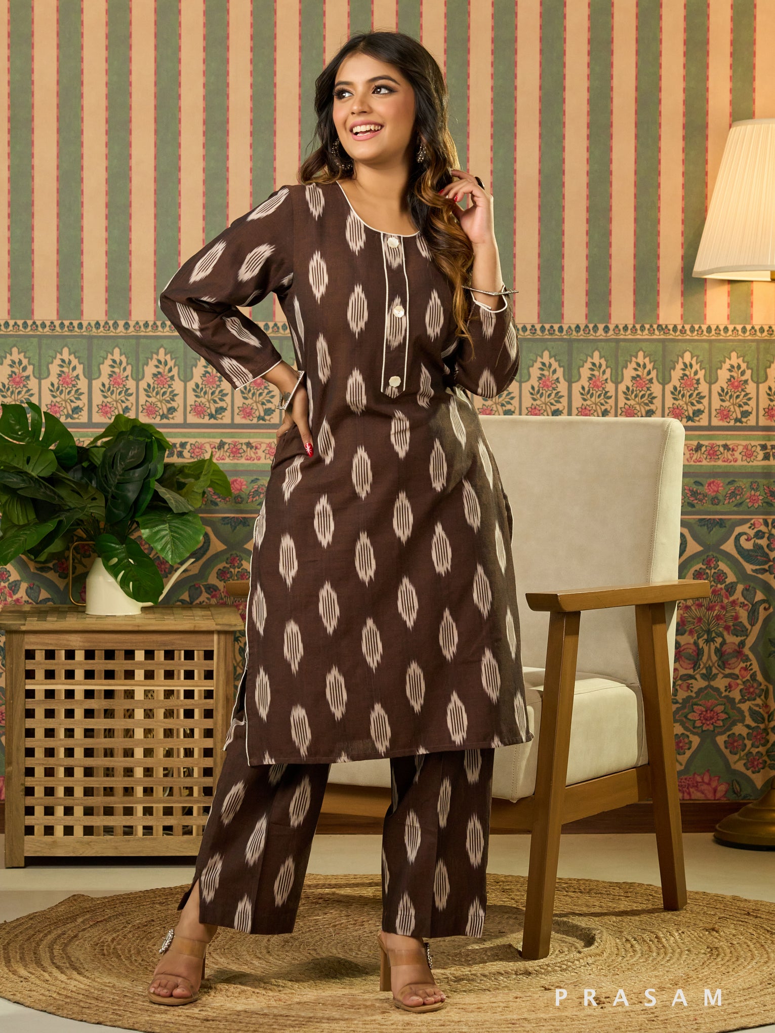 Mocha Classic Brown Ikat Kurta Set