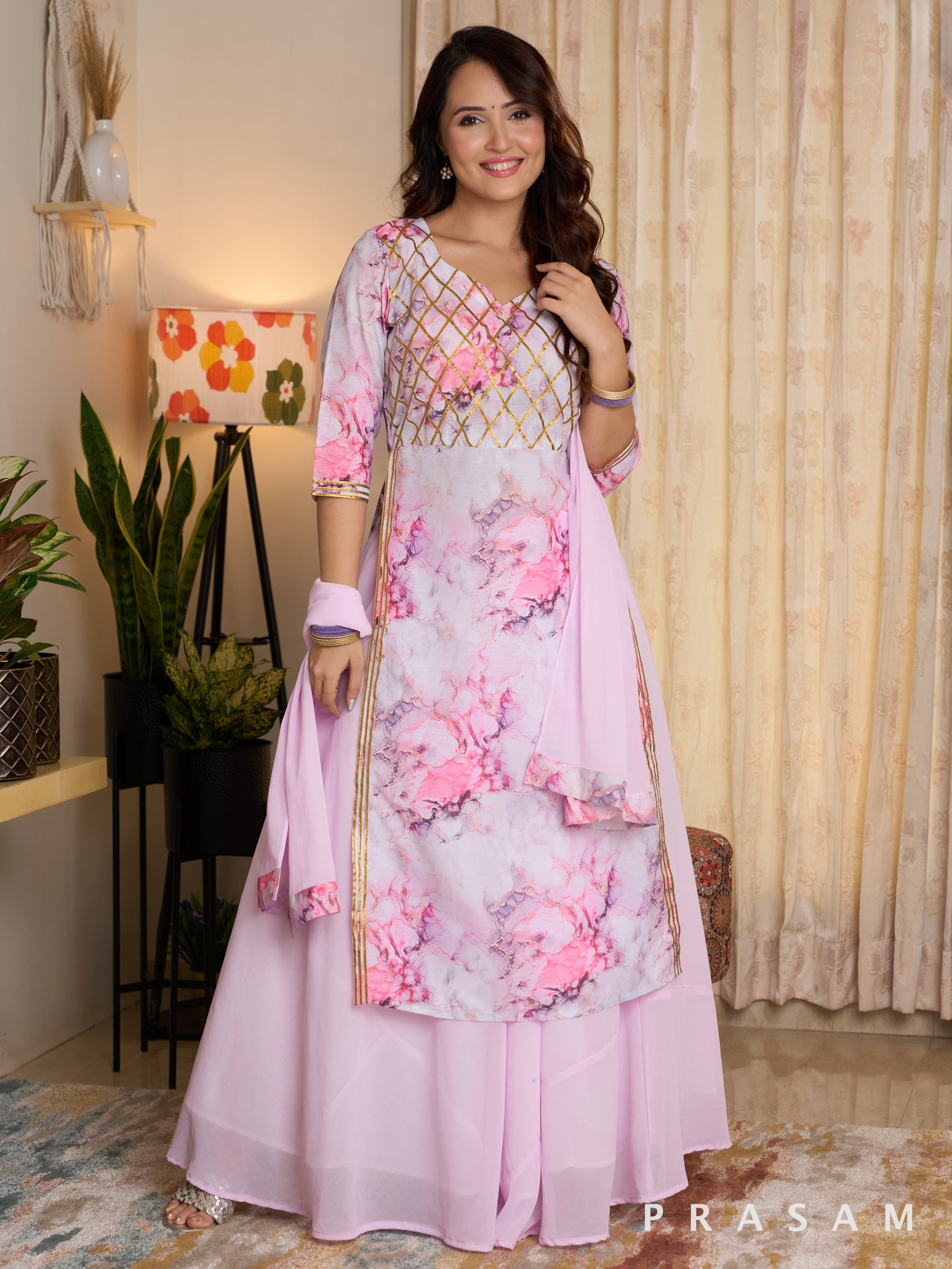 Marble Mystique Printed Kurti with Skirt & Dupatta