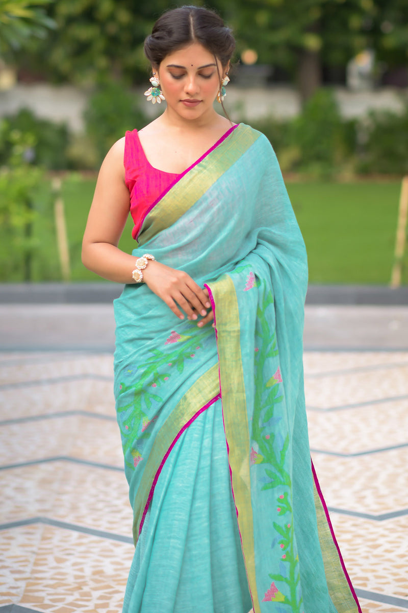Mint Charm-Linen Jamdani Weave Saree