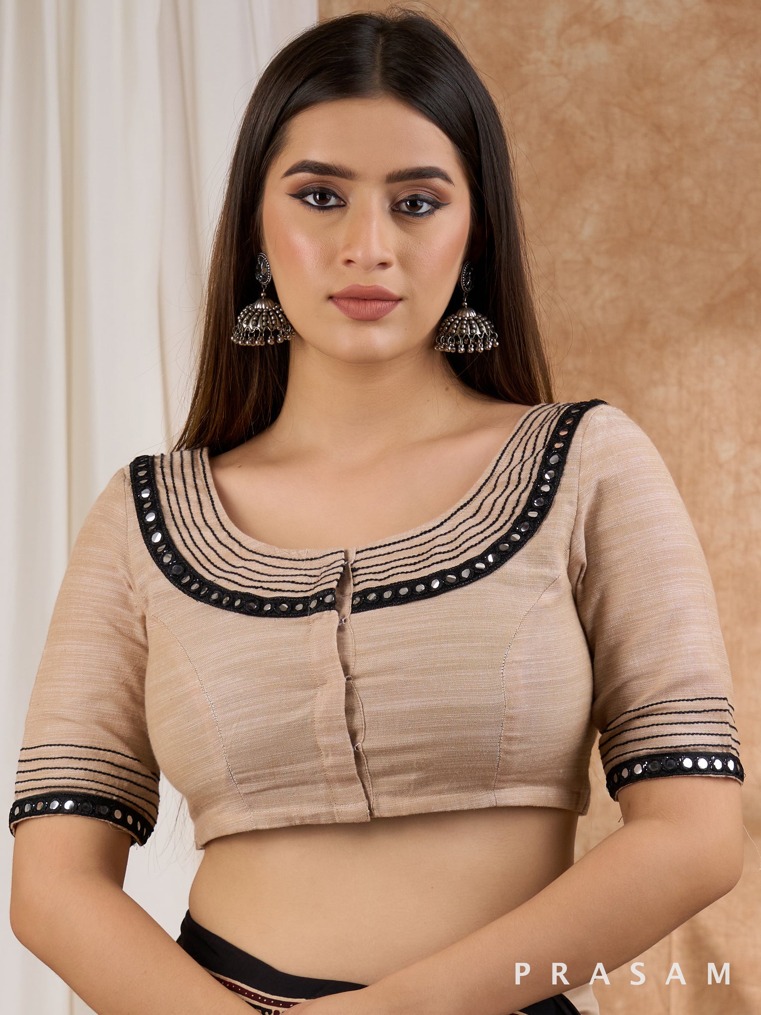 Beige Blouse with Black Embroidery Stich and Mirror Lace