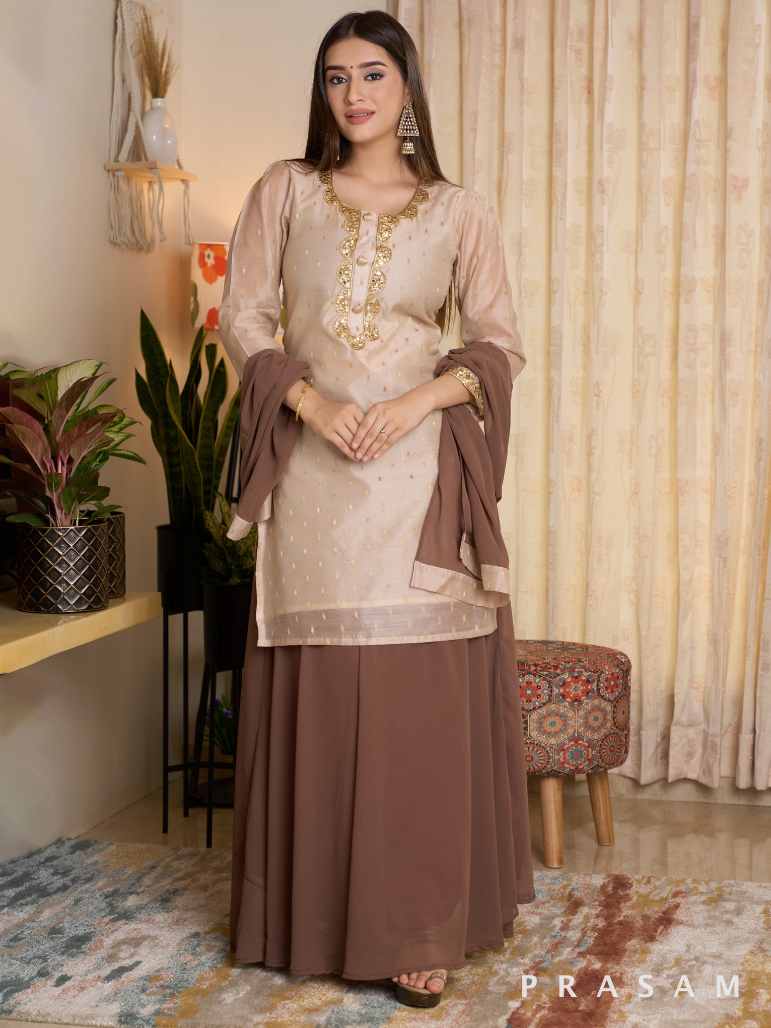 Luxe Gold Chanderi Kurti with Georgette Skirt and dupatta Set