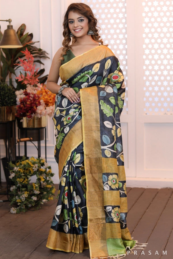 Golden Elegance Cultural ethnic dark grey hand painted kalamkari floral silk saree