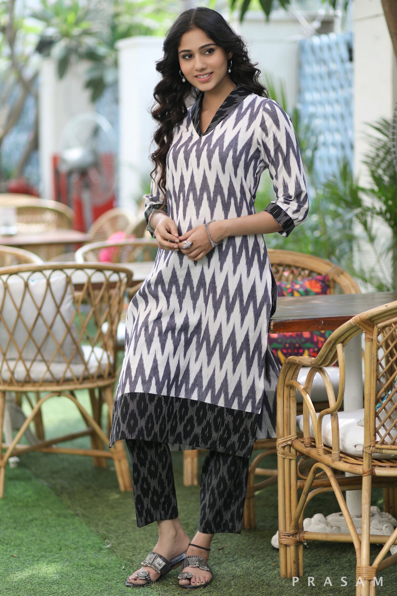 Urban Ikat Elegance  Stylish Grey And Black Combination Ikat Kurti (Optional Pants)