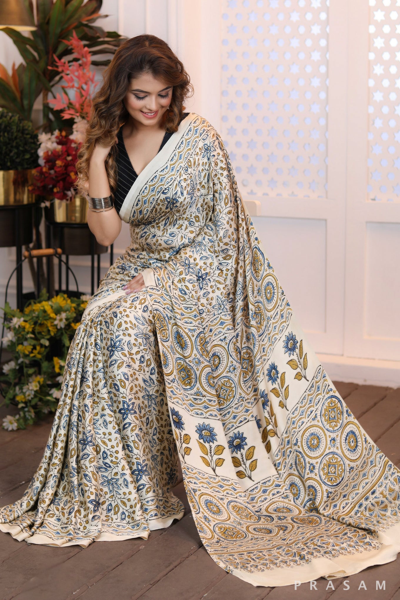 Moonlit Lake Beautiful off white printed ajrakh silk modal saree