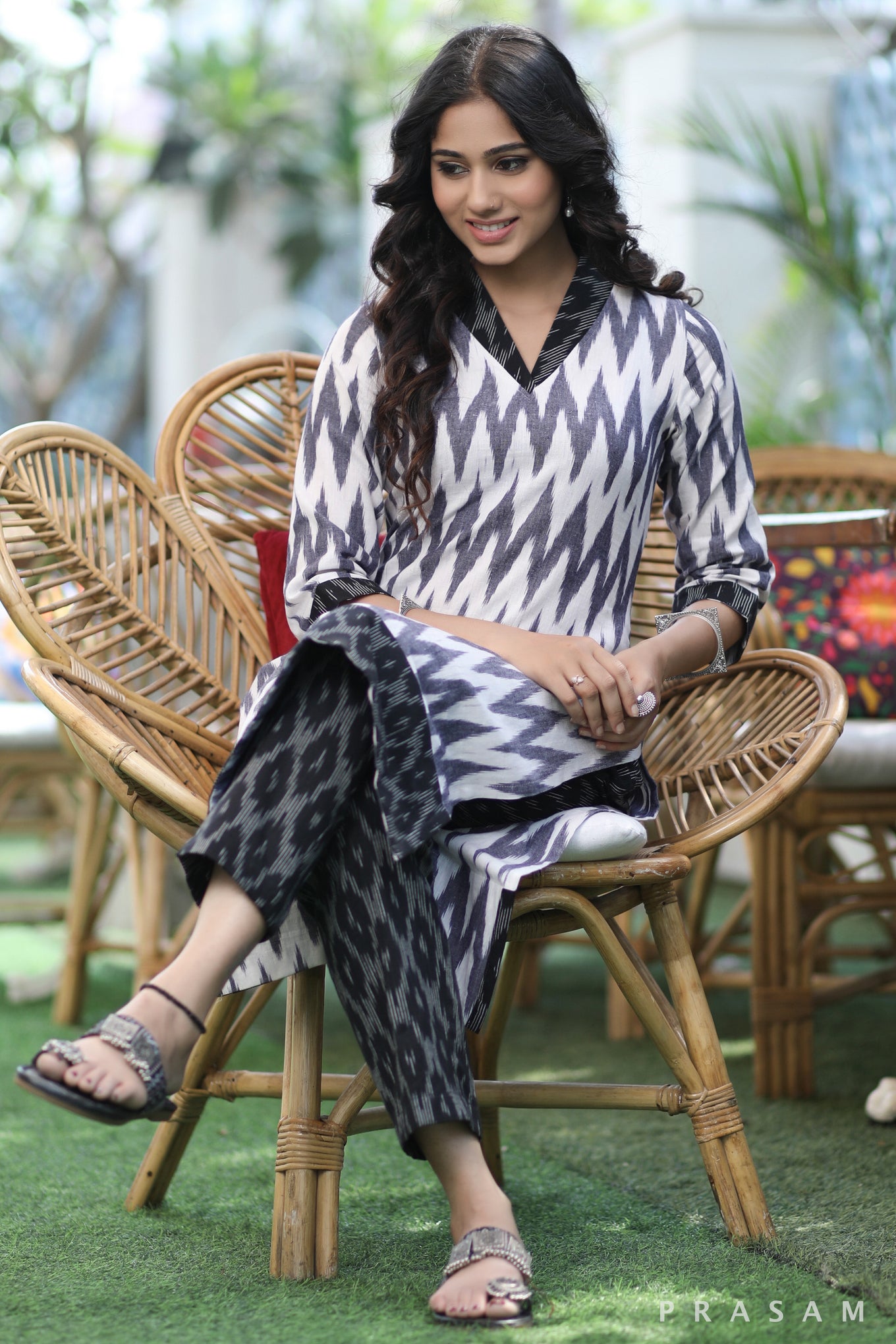 Urban Ikat Elegance  Stylish Grey And Black Combination Ikat Kurti (Optional Pants)