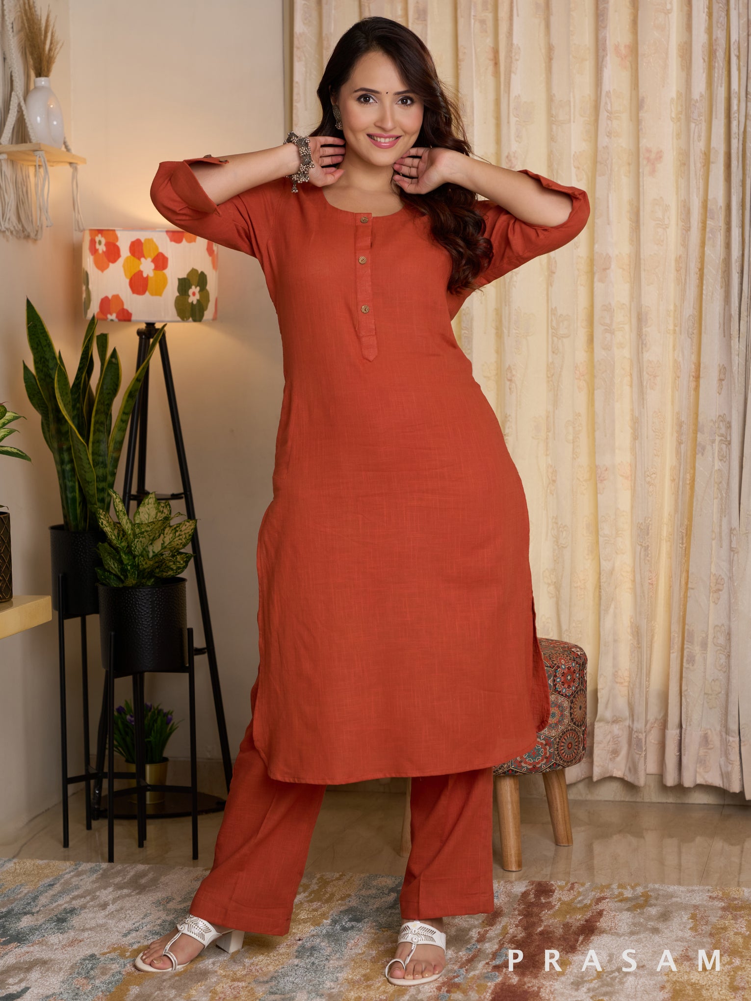 Rust-Coloured Slub Cotton Set (Optional Dupatta)