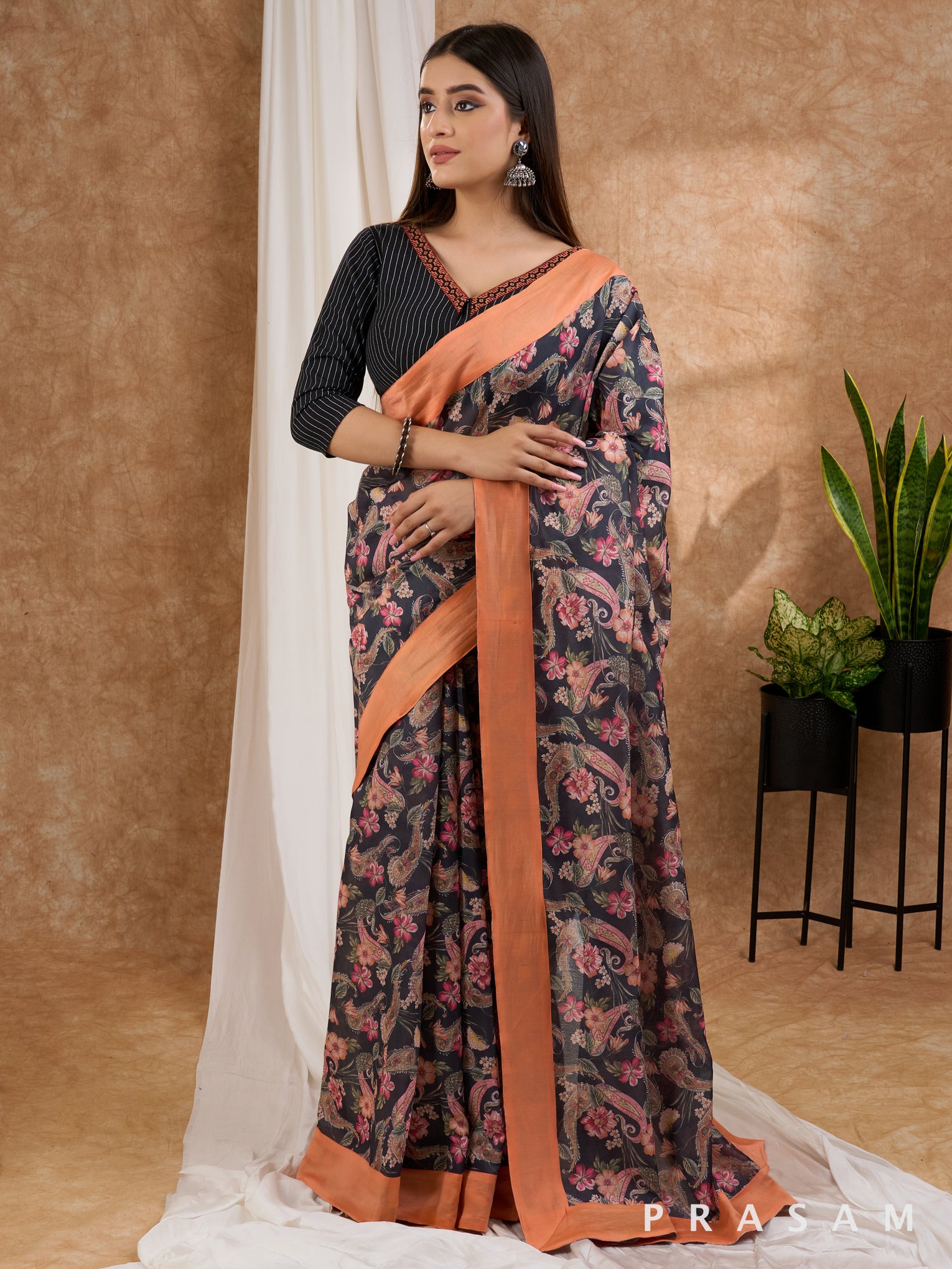 Kalika - Printed Chanderi Black Saree with Peach Border