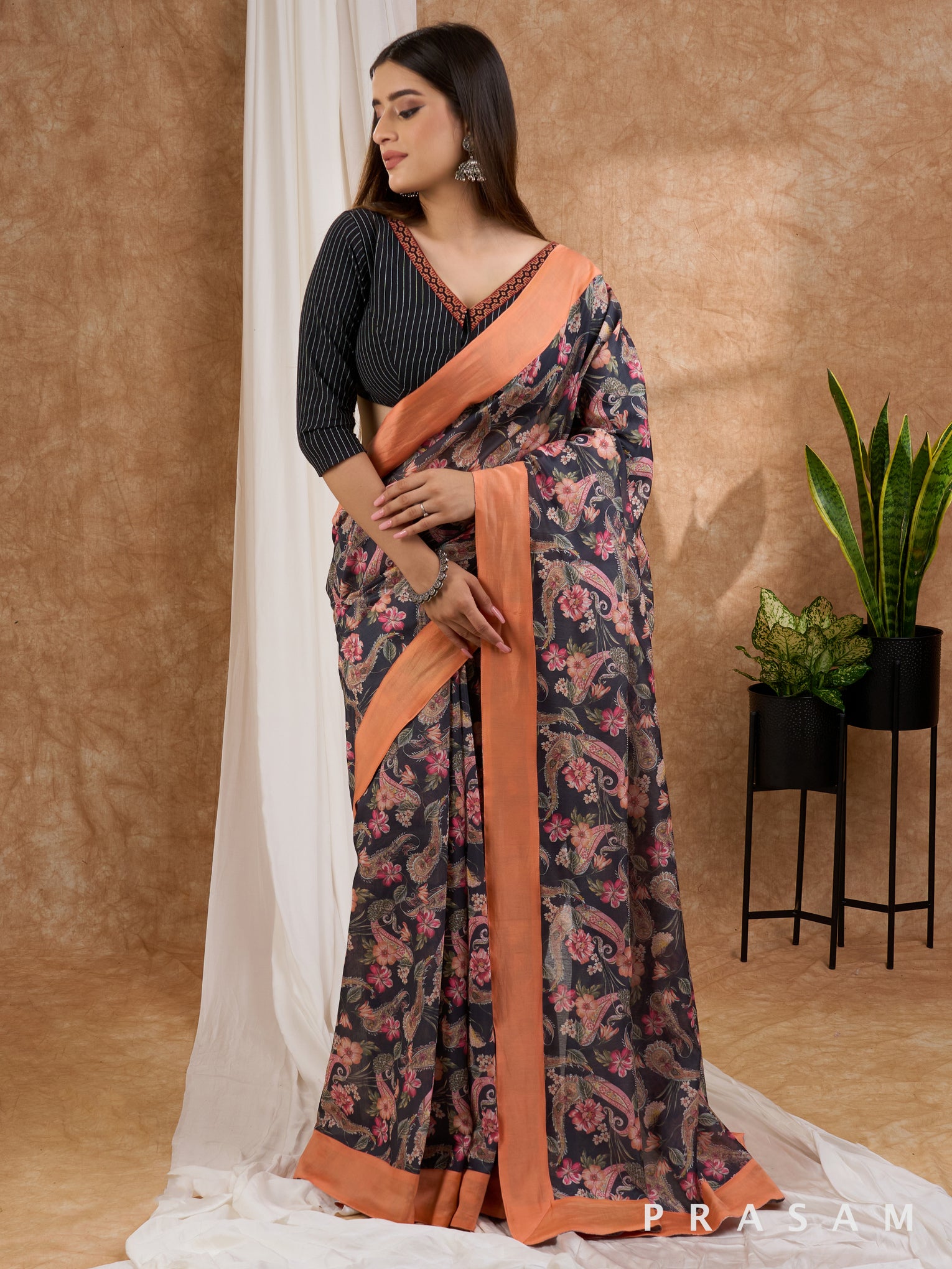 Kalika - Printed Chanderi Black Saree with Peach Border