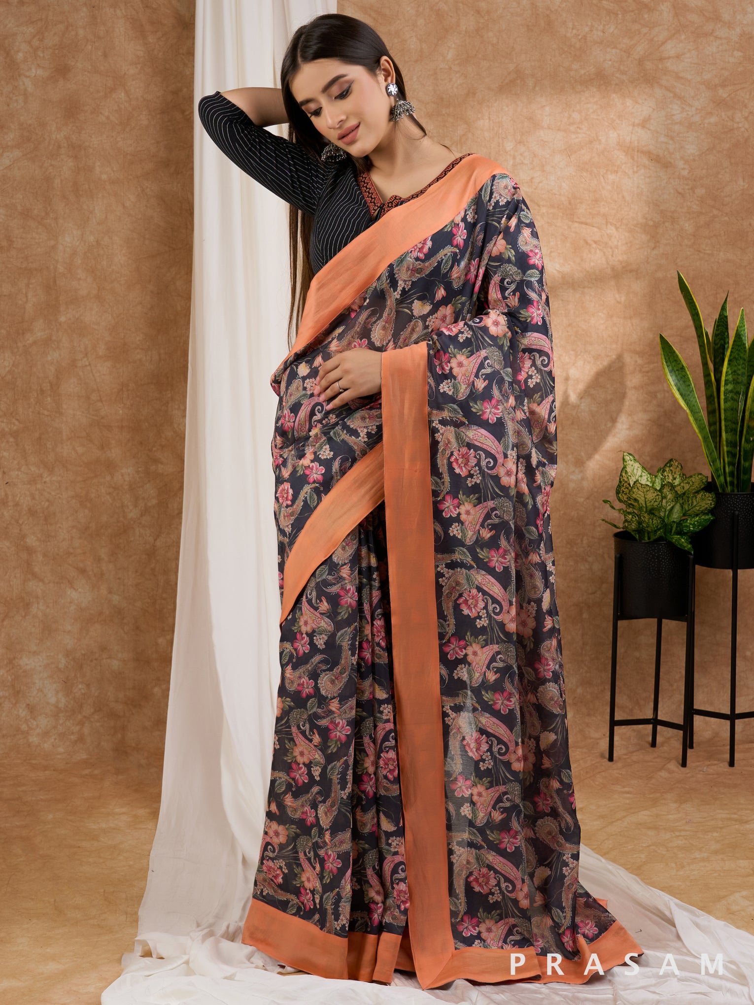 Kalika - Printed Chanderi Black Saree with Peach Border