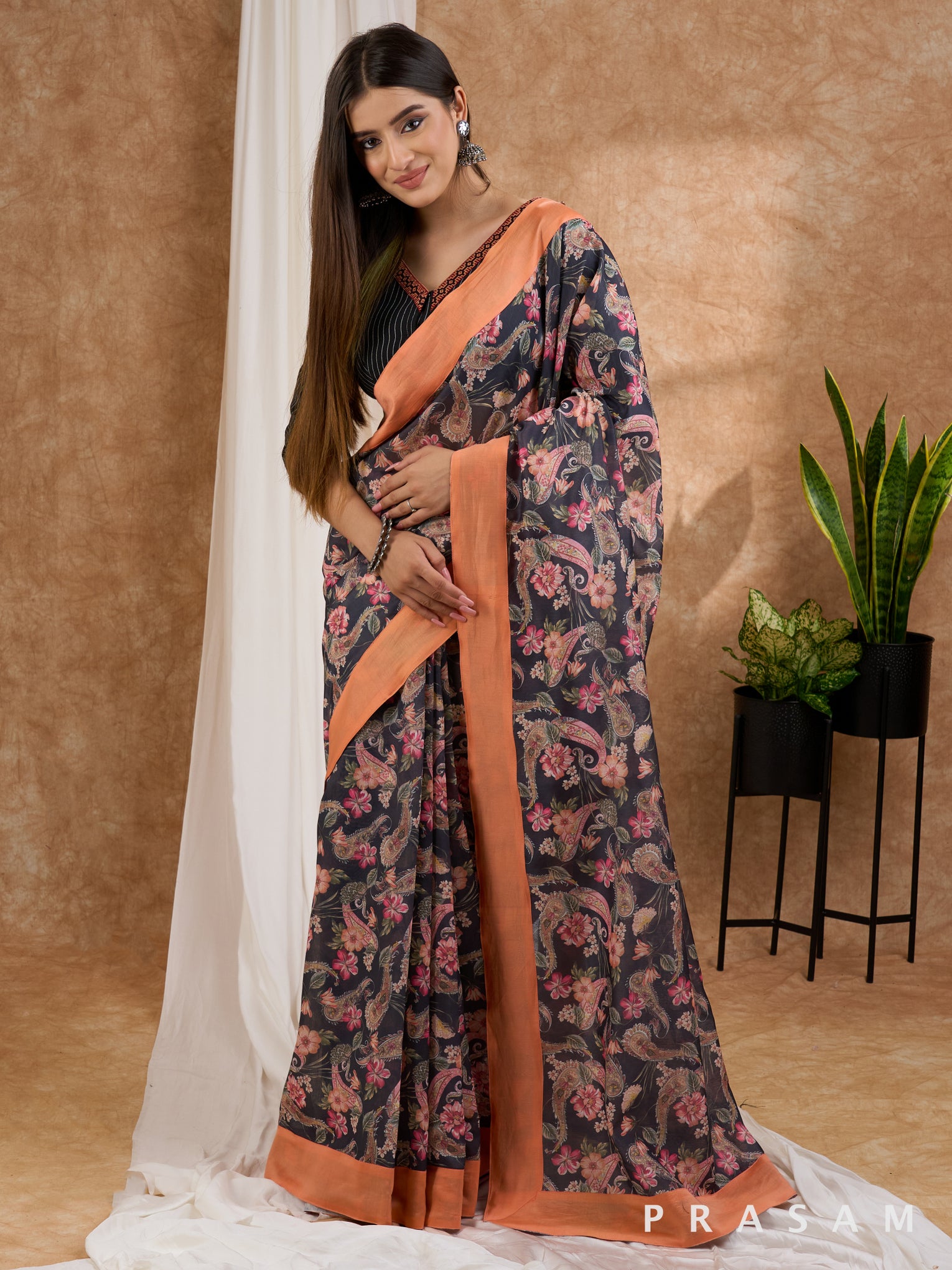 Kalika - Printed Chanderi Black Saree with Peach Border