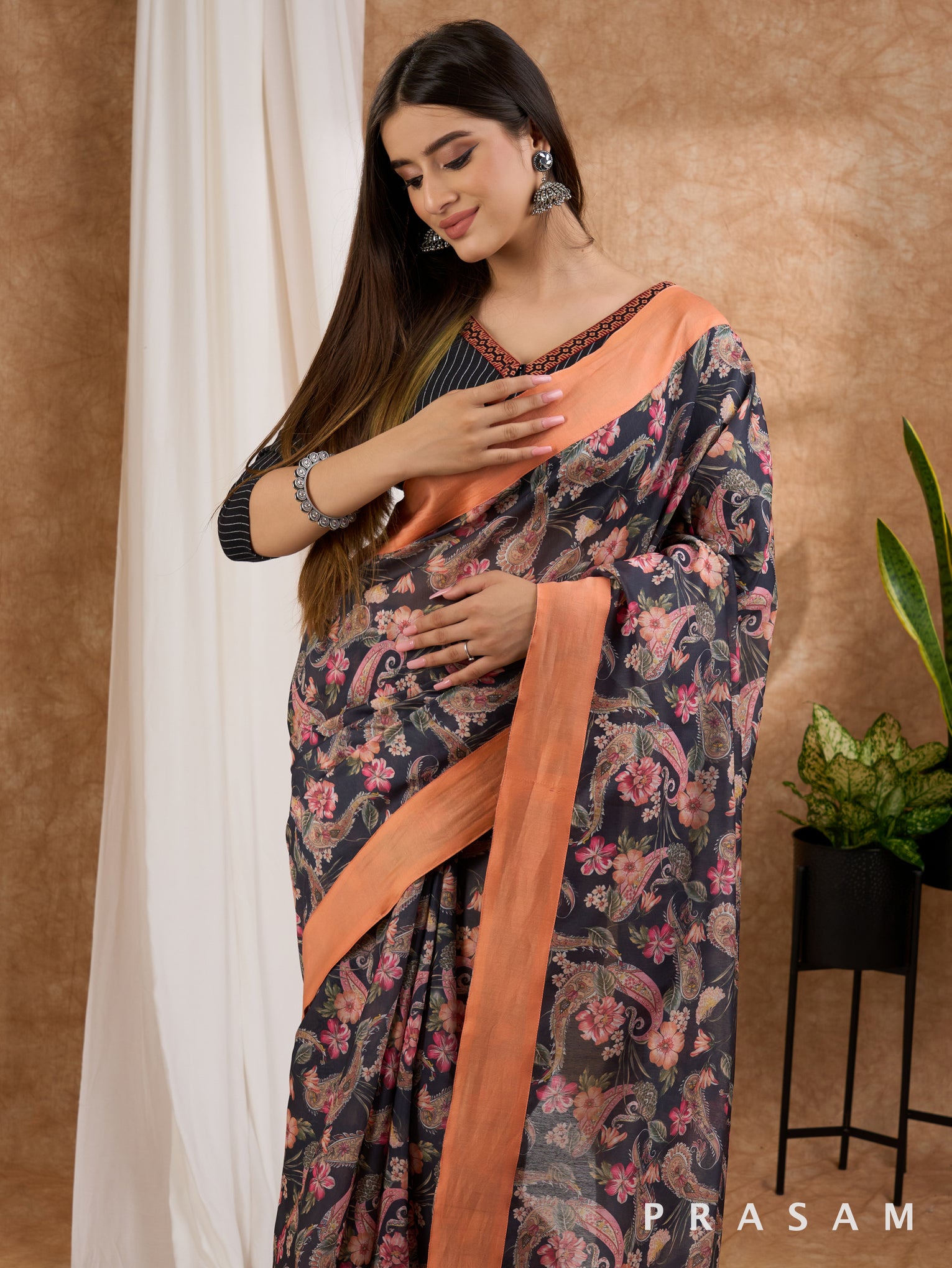 Kalika - Printed Chanderi Black Saree with Peach Border