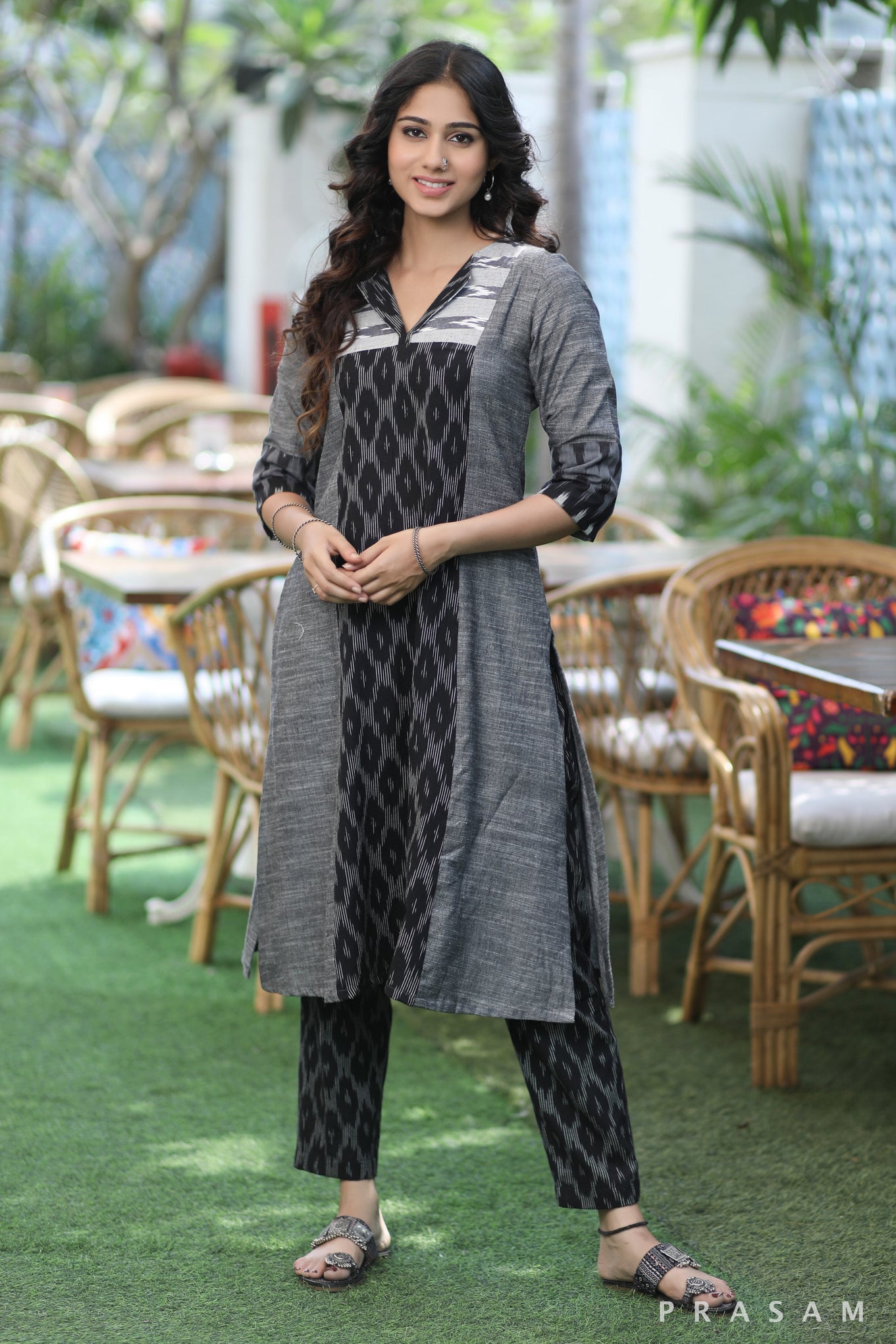 Textile Tapestry - Stylish Fusion Grey Ikat Kurti (Optional Pants)