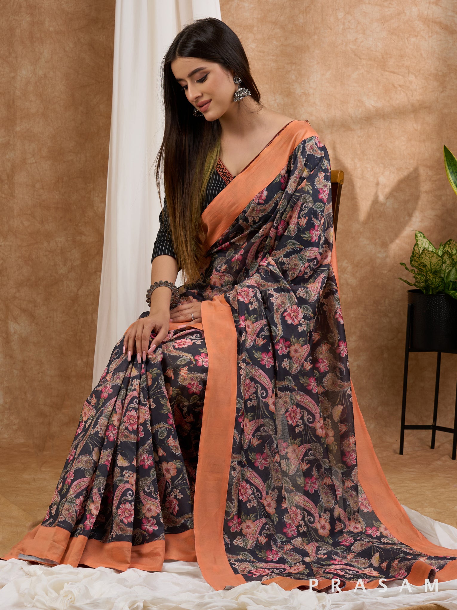 Kalika - Printed Chanderi Black Saree with Peach Border