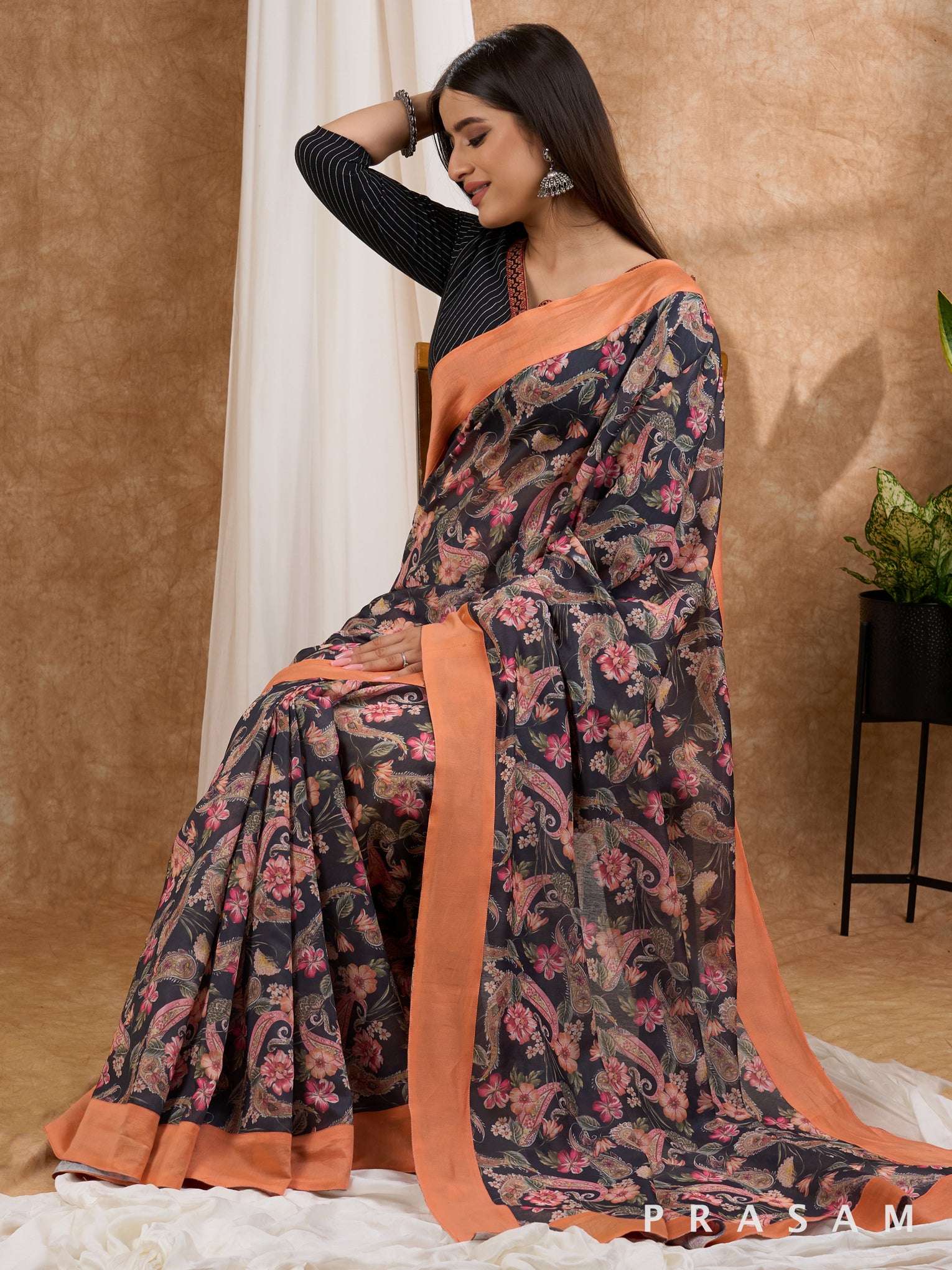 Kalika - Printed Chanderi Black Saree with Peach Border